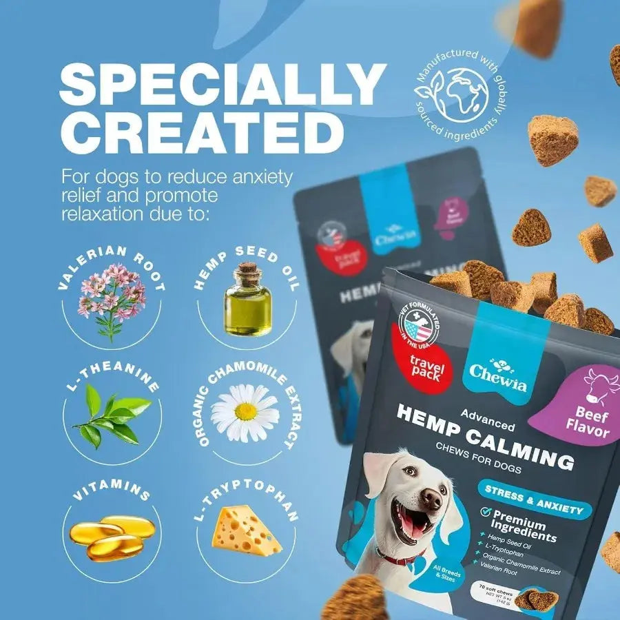Hemp Calming Chews for Dogs – Anxiety Relief with Melatonin, Chamomile & Valerian Travel Pack