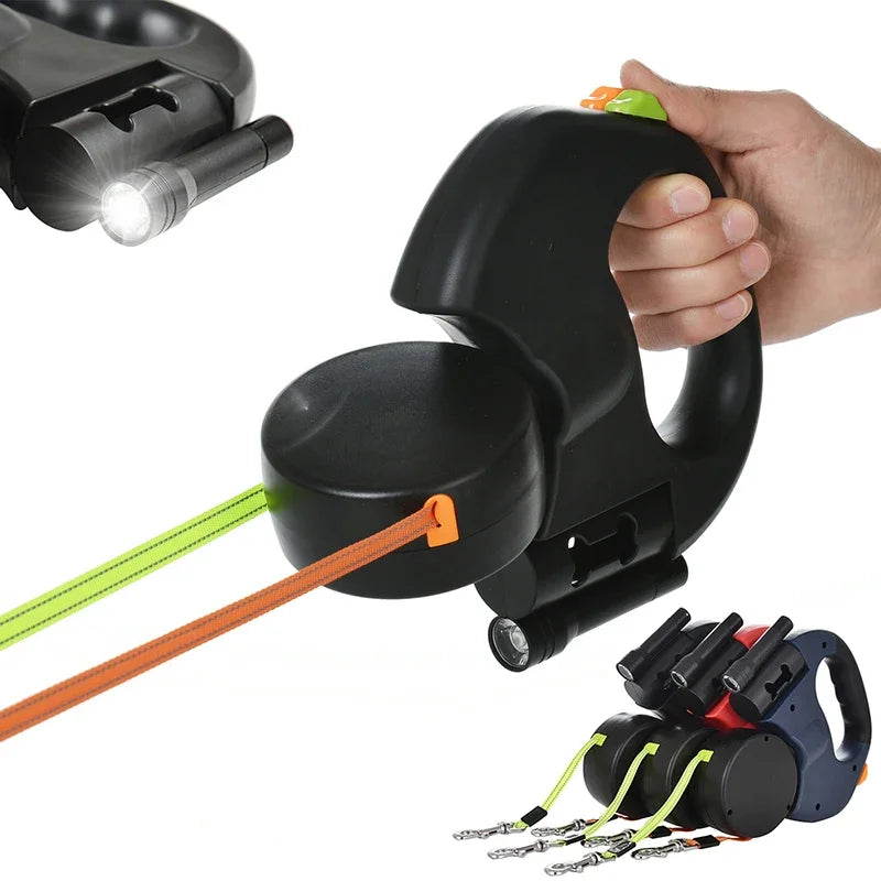 Reflective Dual Retractable Dog Leash – 360° No-Tangle Lead with LED Lights for Small Dogs & Cats