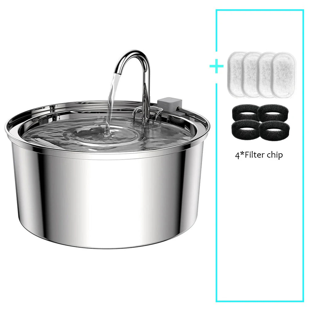 Stainless Steel Pet Water Fountain – Ultra-Quiet, 3L Automatic Dispenser with Advanced Filtration