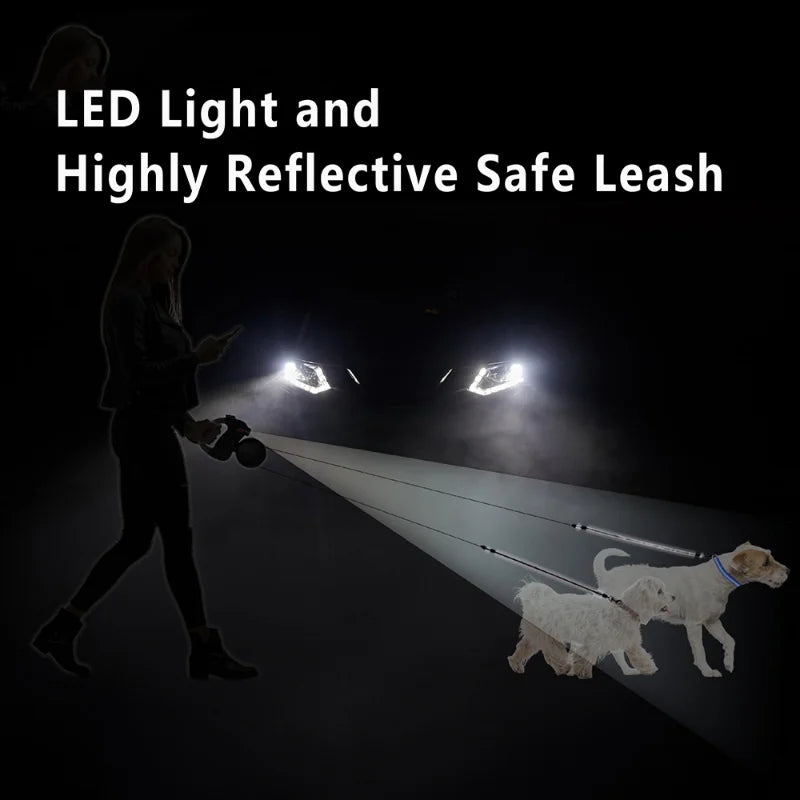 Reflective Dual Retractable Dog Leash – 360° No-Tangle Lead with LED Lights for Small Dogs & Cats