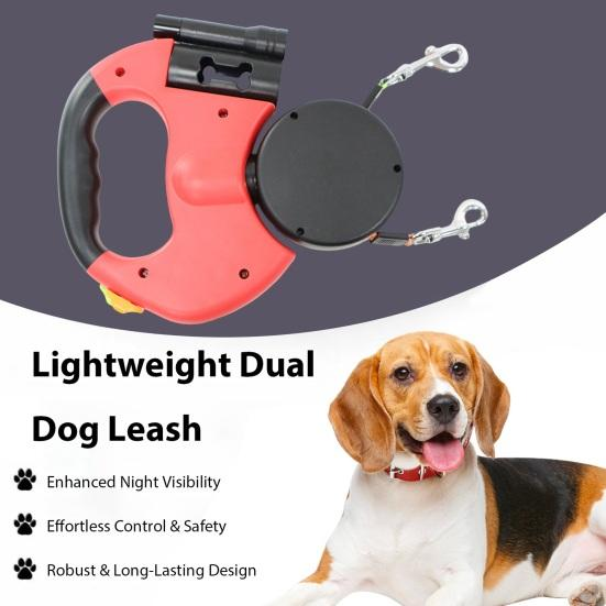 Reflective Dual Retractable Dog Leash – 360° No-Tangle Lead with LED Lights for Small Dogs & Cats