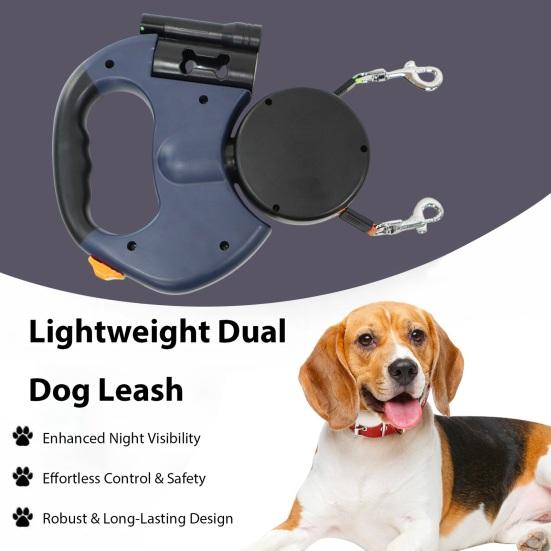 Reflective Dual Retractable Dog Leash – 360° No-Tangle Lead with LED Lights for Small Dogs & Cats