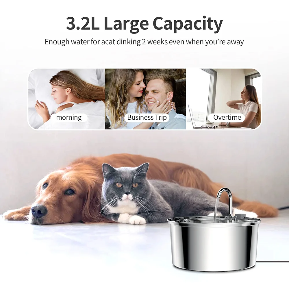 Stainless Steel Pet Water Fountain – Ultra-Quiet, 3L Automatic Dispenser with Advanced Filtration