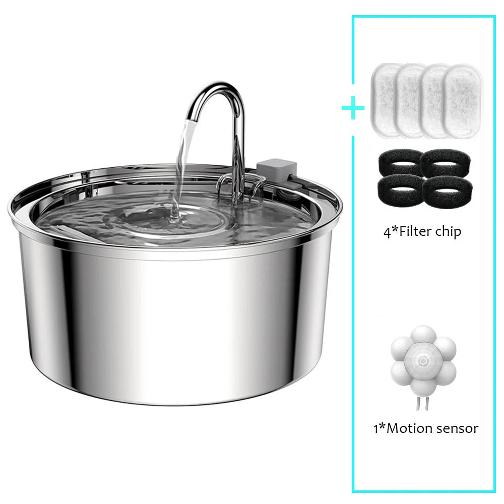 Stainless Steel Pet Water Fountain – Ultra-Quiet, 3L Automatic Dispenser with Advanced Filtration