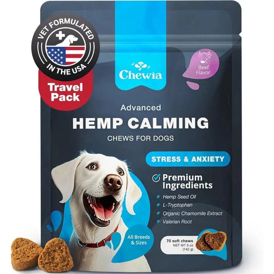 Hemp Calming Chews for Dogs – Anxiety Relief with Melatonin, Chamomile & Valerian  Travel Pack