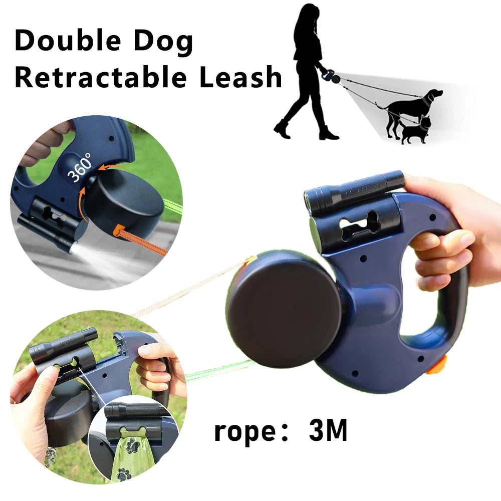 Reflective Dual Retractable Dog Leash – 360° No-Tangle Lead with LED Lights for Small Dogs & Cats